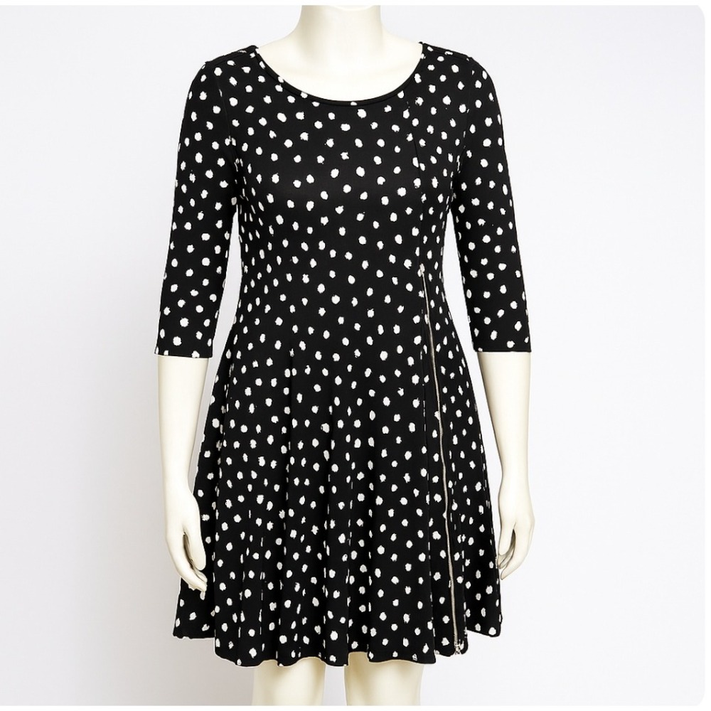 Comfy USA Dress Polka Dot 3/4 Sleeve Casual A-Line‎ Zipper Black White Size M